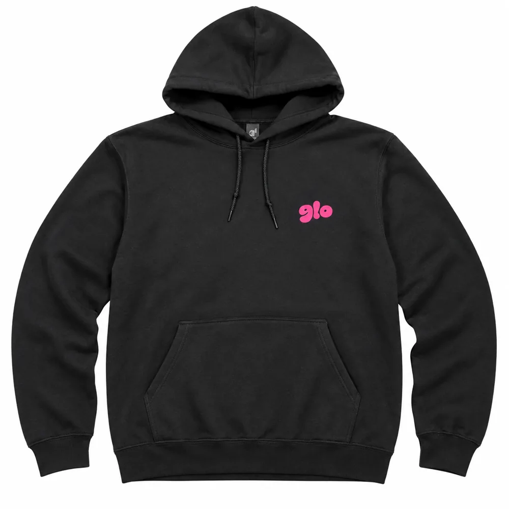 Black hoodie with pink bubble GLO logo