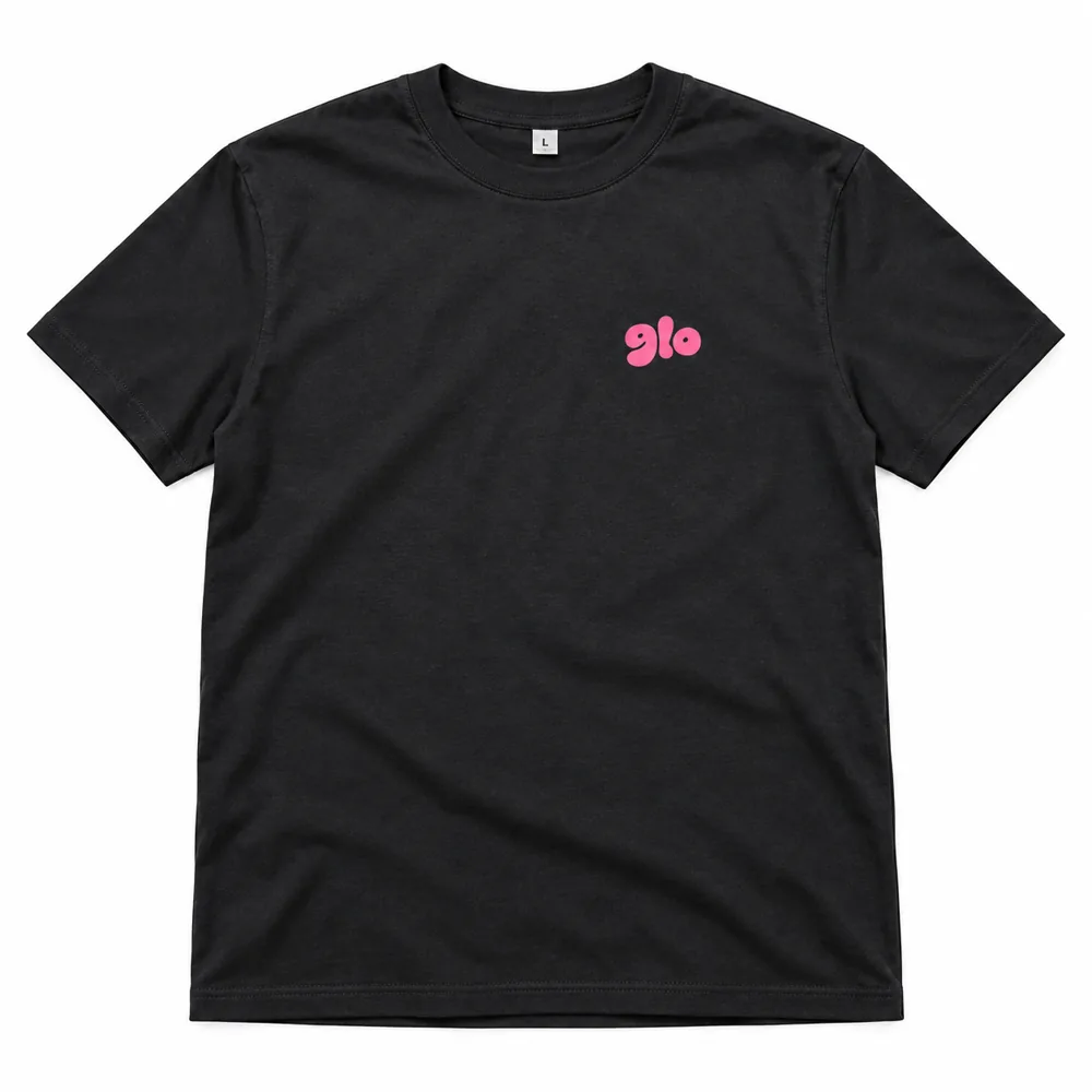 Black t-shirt with pink bubble GLO logo